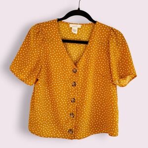 Urban Romantics Gold Polka Dot Button‎ Down Short Sleeve Blouse Top S